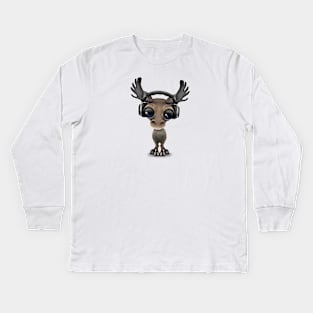 Cute Musical Moose Dj Wearing Headphones Kids Long Sleeve T-Shirt